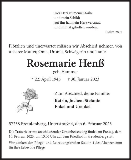 Traueranzeige von Rosemarie Henß von Siegener Zeitung