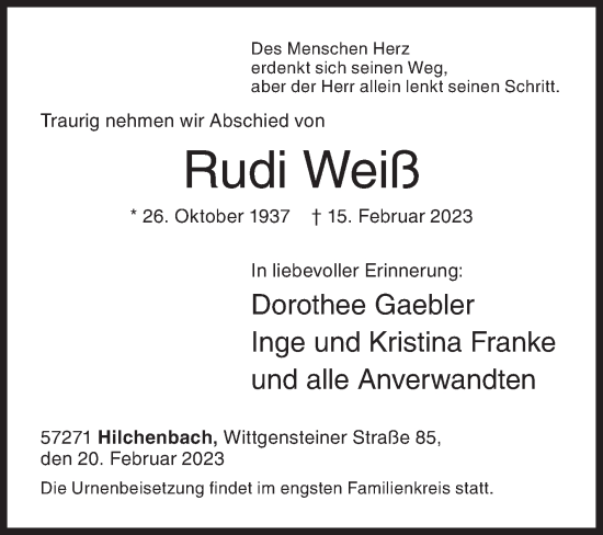 Traueranzeige von Rudi Weiß von Siegener Zeitung