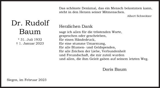 Traueranzeige von Rudolf Baum von Siegener Zeitung