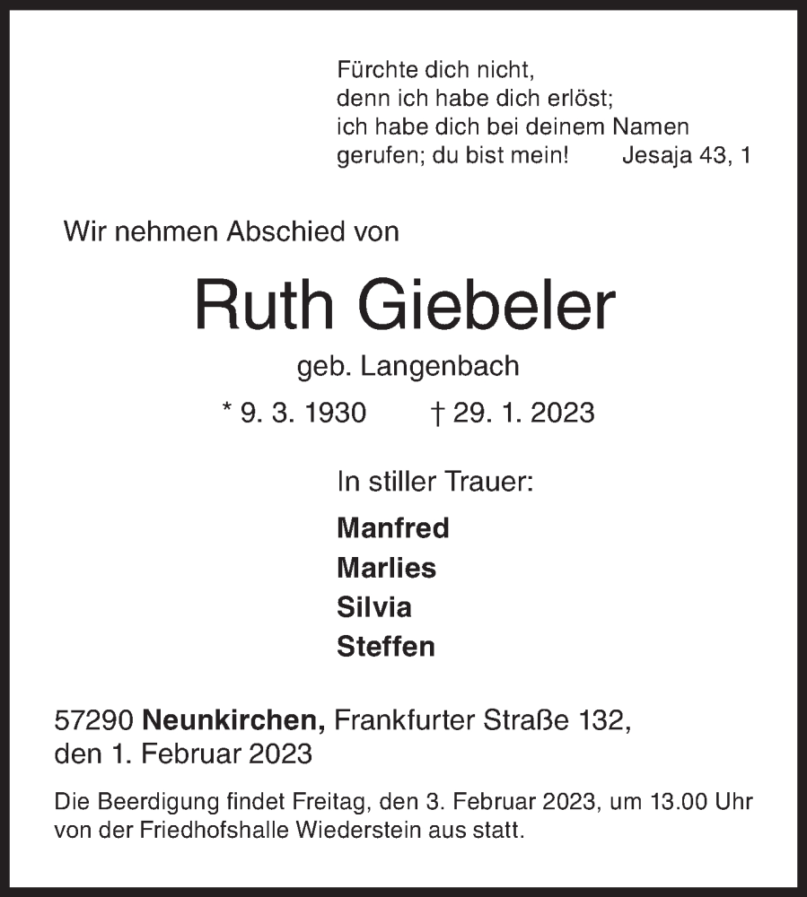  Traueranzeige für Ruth Giebeler vom 01.02.2023 aus Siegener Zeitung
