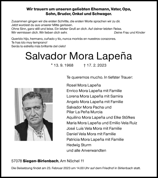 Traueranzeige von Salvador Mora Lapeña von Siegener Zeitung