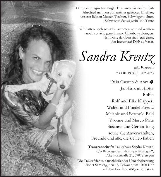 Traueranzeige von Sandra Kreutz von Siegener Zeitung
