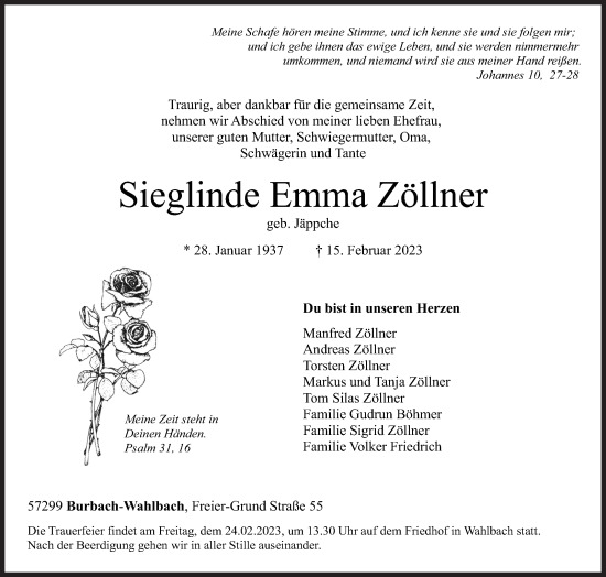 Traueranzeige von Sieglinde Emma Zöllner von Siegener Zeitung