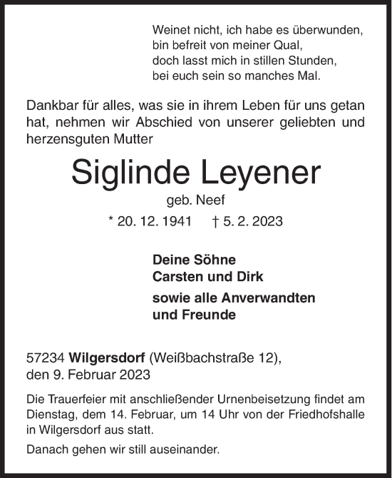 Traueranzeige von Siglinde Leyener von Siegener Zeitung