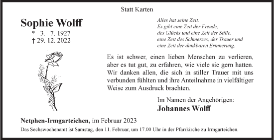 Traueranzeige von Sophie Wolff von Siegener Zeitung
