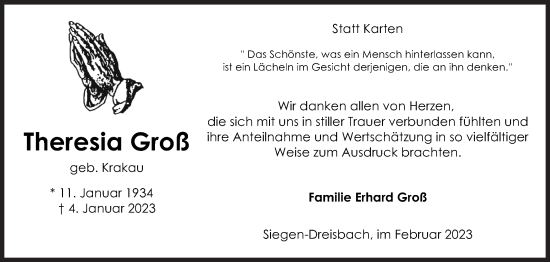 Traueranzeige von Theresia Groß von Siegener Zeitung