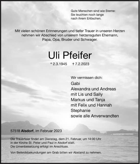 Traueranzeige von Uli Pfeifer von Siegener Zeitung