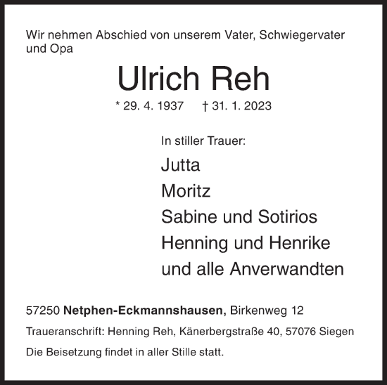 Traueranzeige von Ulrich Reh von Siegener Zeitung