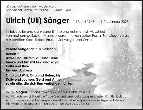 Traueranzeige von Ulrich Sänger von Siegener Zeitung