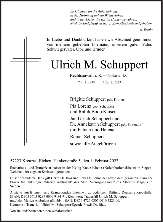 Traueranzeige von Ulrich M. Schuppert von Siegener Zeitung