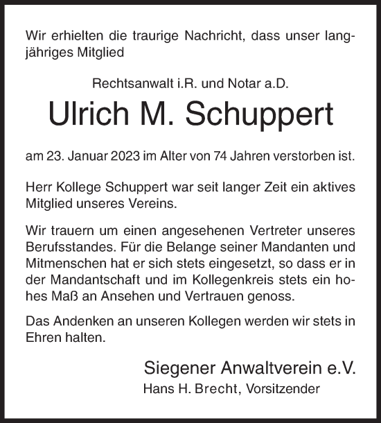 Traueranzeige von Ulrich M. Schuppert von Siegener Zeitung
