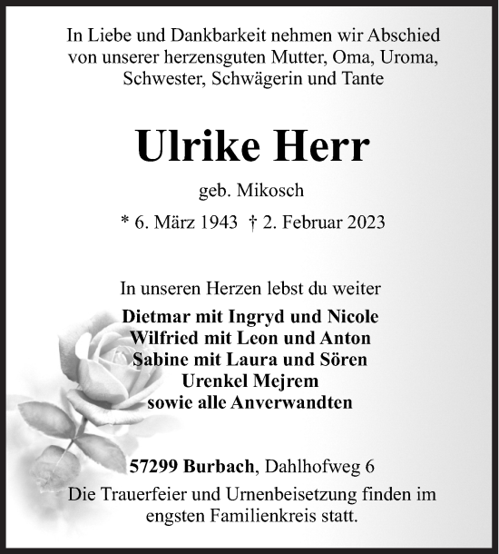 Traueranzeige von Ulrike Herr von Siegener Zeitung