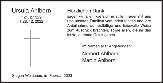 Traueranzeige von Ursula Ahlborn von Siegener Zeitung