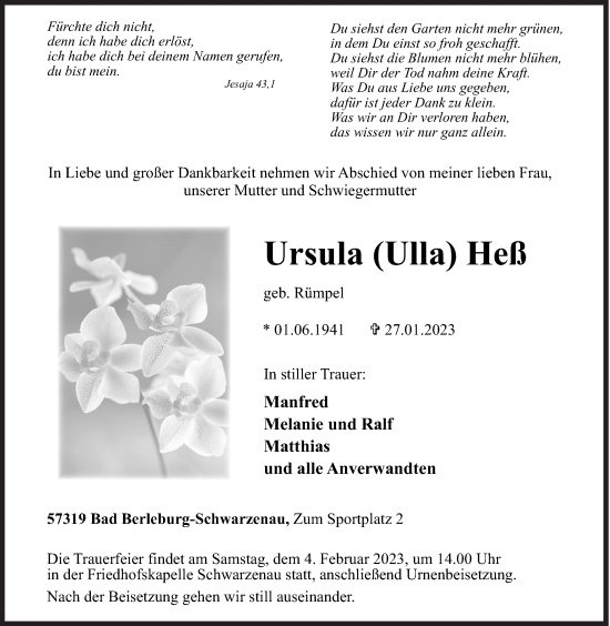 Traueranzeige von Ursula Heß von Siegener Zeitung