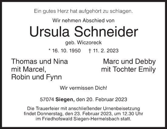 Traueranzeige von Ursula Schneider von Siegener Zeitung