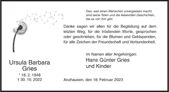 Traueranzeige von Ursula Barbara Gries von Siegener Zeitung