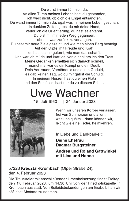 Traueranzeige von Uwe Wachner von Siegener Zeitung