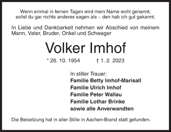 Traueranzeige von Volker Imhof von Siegener Zeitung