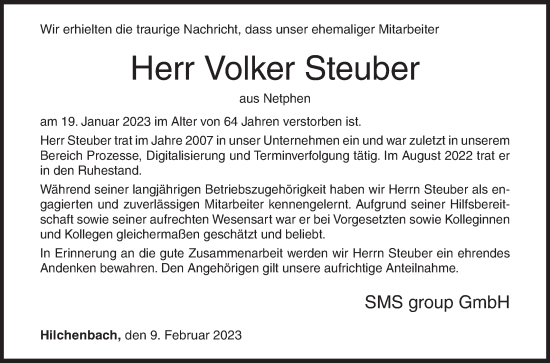 Traueranzeige von Volker Steuber von Siegener Zeitung
