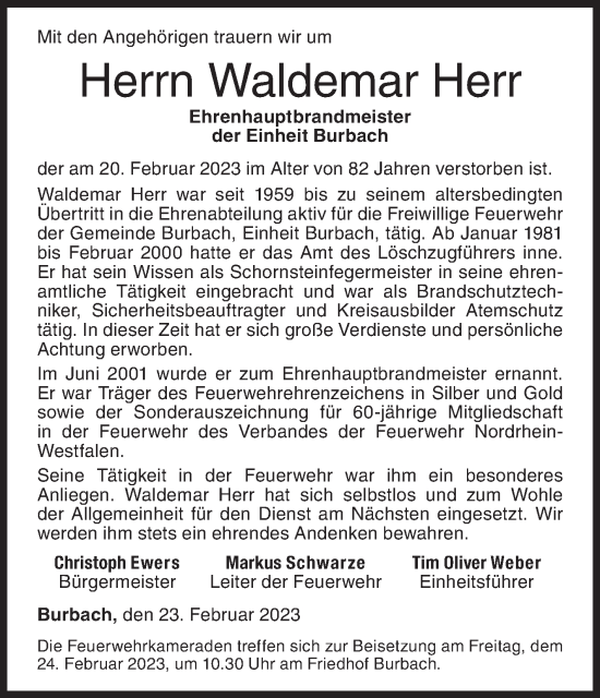 Traueranzeige von Waldemar Herr von Siegener Zeitung