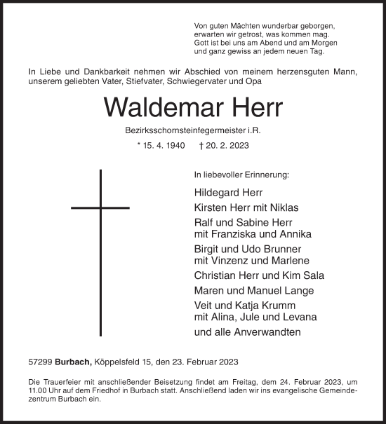 Traueranzeige von Waldemar Herr von Siegener Zeitung