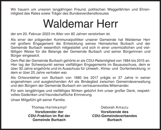 Traueranzeige von Waldemar Herr von Siegener Zeitung