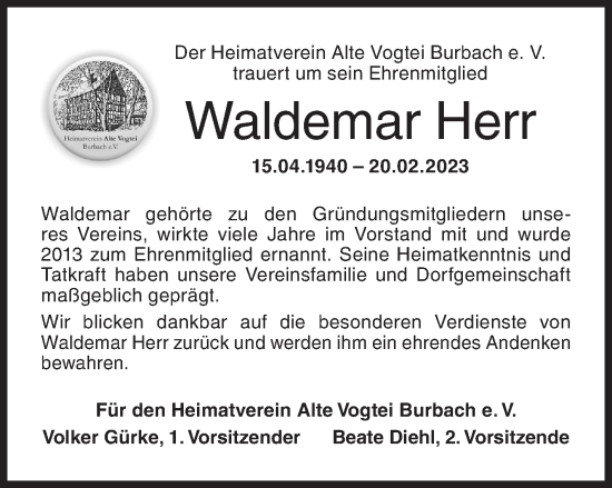 Traueranzeige von Waldemar Herr von Siegener Zeitung