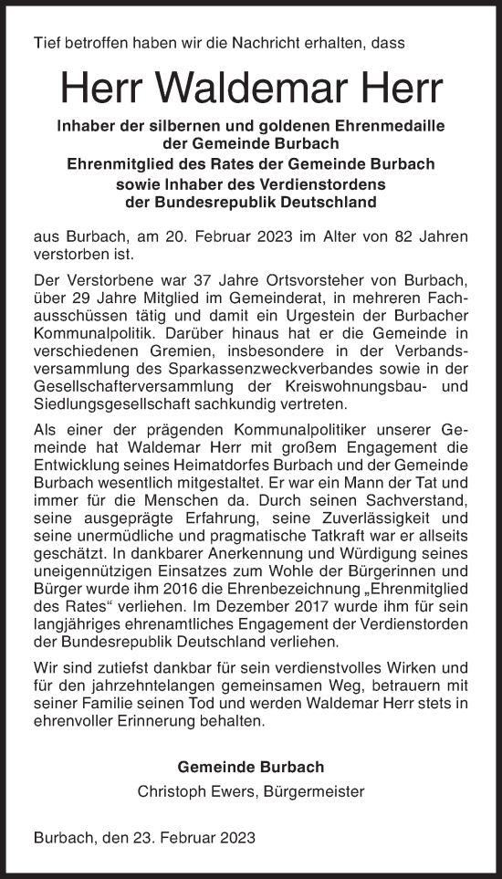 Traueranzeige von Waldemar Herr von Siegener Zeitung