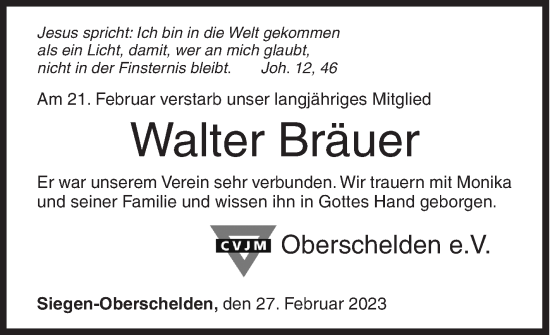 Traueranzeige von Walter Bräuer von Siegener Zeitung