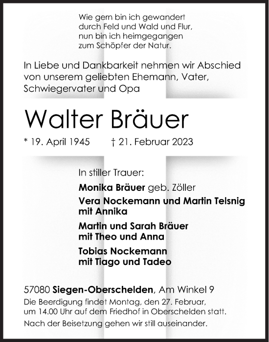 Traueranzeige von Walter Bräuer von Siegener Zeitung