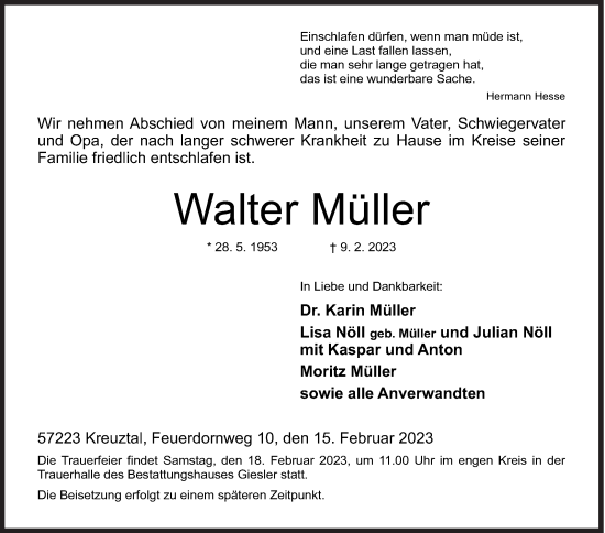 Traueranzeige von Walter Müller von Siegener Zeitung
