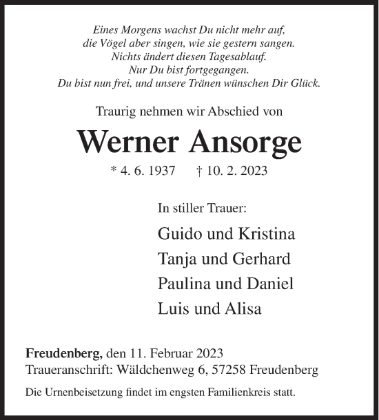 Traueranzeige von Werner Ansorge von Siegener Zeitung