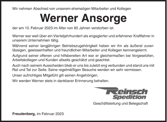 Traueranzeige von Werner Ansorge von Siegener Zeitung