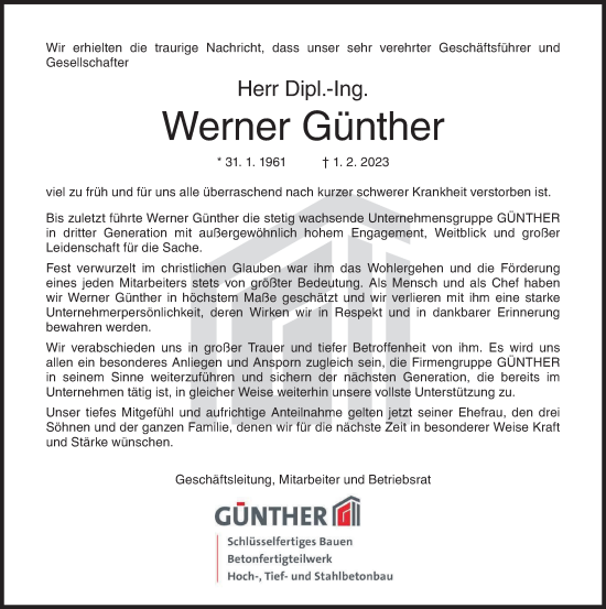 Traueranzeige von Werner Günther von Siegener Zeitung