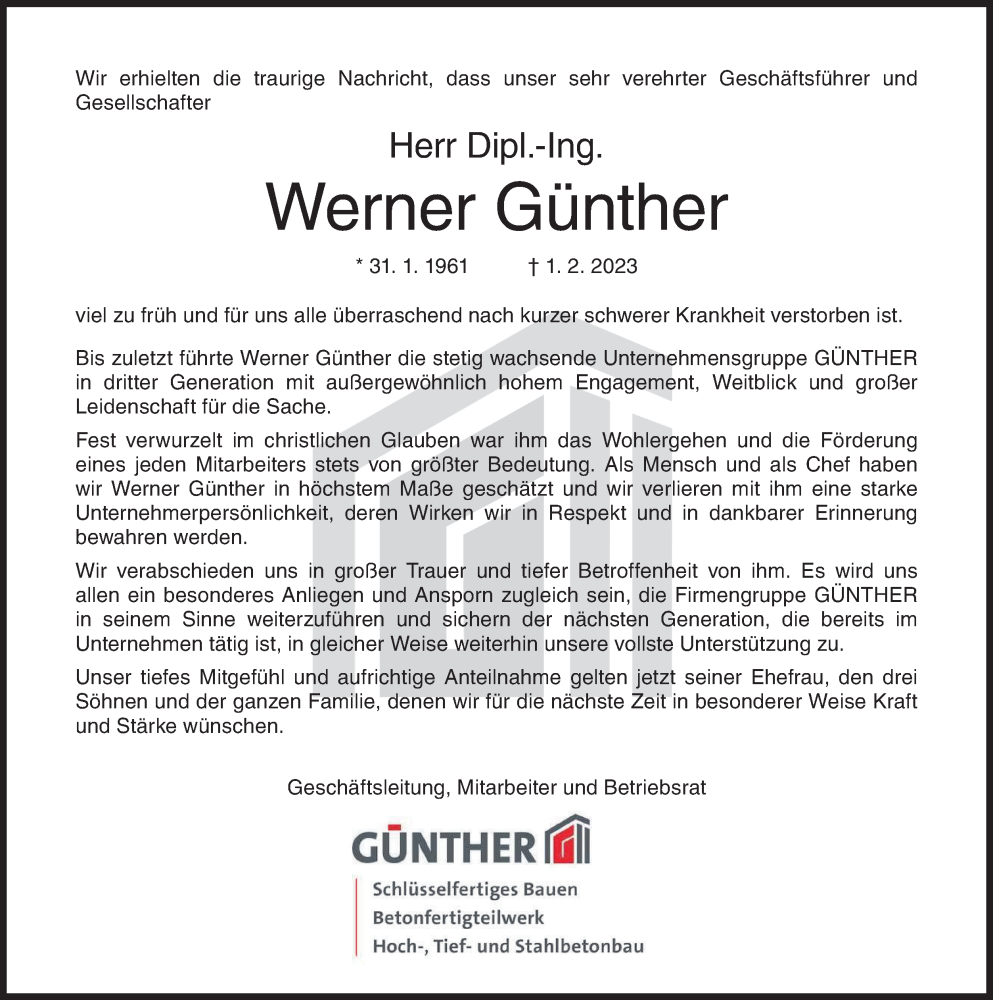  Traueranzeige für Werner Günther vom 06.02.2023 aus Siegener Zeitung