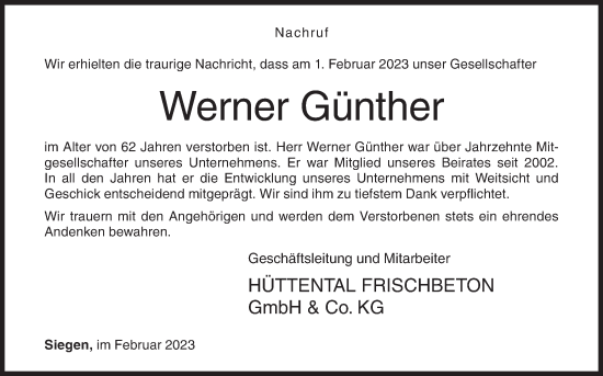 Traueranzeige von Werner Günther von Siegener Zeitung