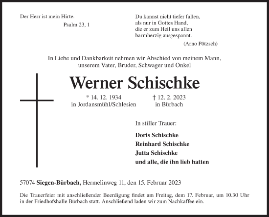 Traueranzeige von Werner Schischke von Siegener Zeitung