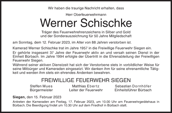 Traueranzeige von Werner Schischke von Siegener Zeitung