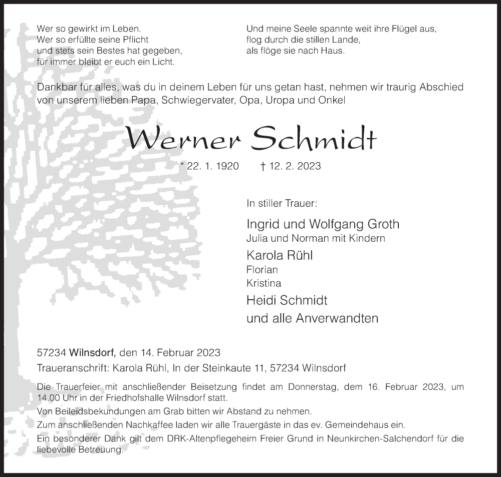  Traueranzeige für Werner Schmidt vom 14.02.2023 aus Siegener Zeitung