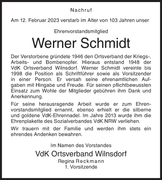 Traueranzeige von Werner Schmidt von Siegener Zeitung