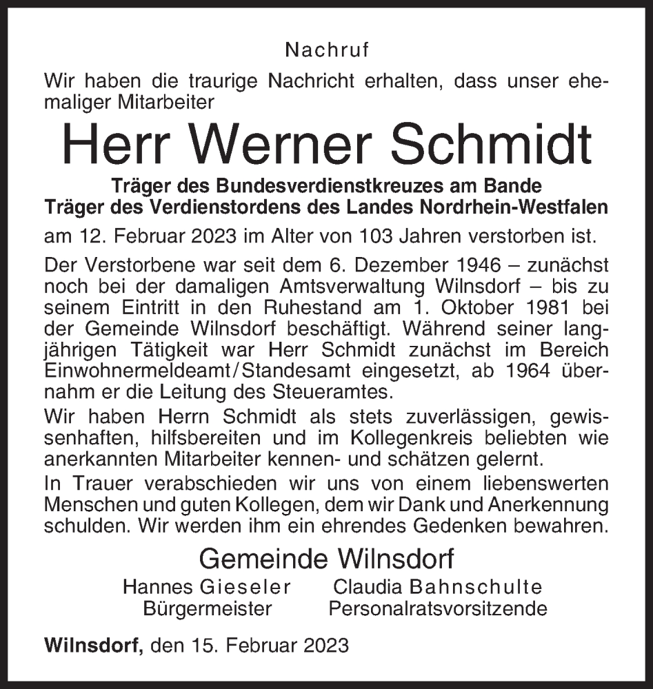  Traueranzeige für Werner Schmidt vom 15.02.2023 aus Siegener Zeitung