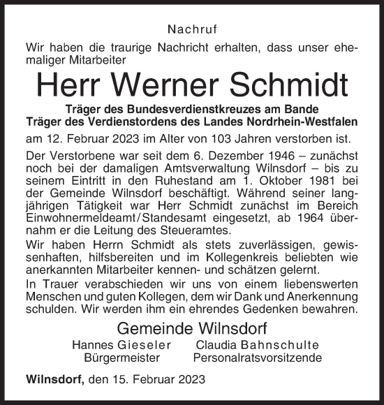 Traueranzeige von Werner Schmidt von Siegener Zeitung