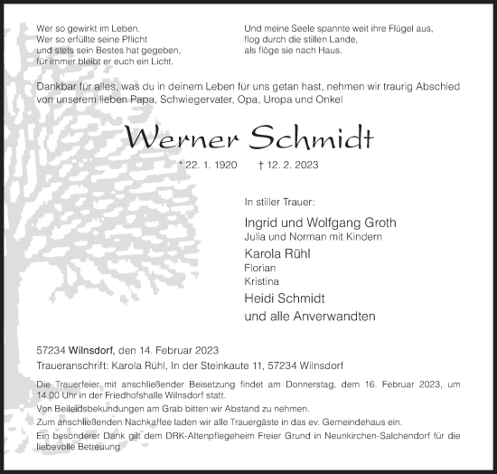 Traueranzeige von Werner Schmidt von Siegener Zeitung
