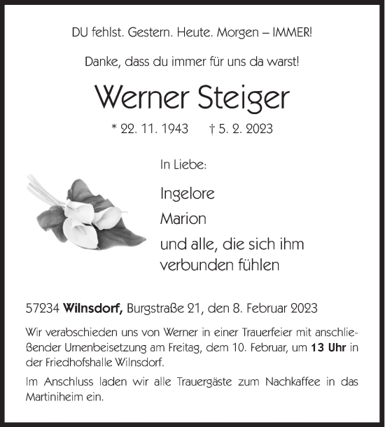 Traueranzeige von Werner Steiger von Siegener Zeitung