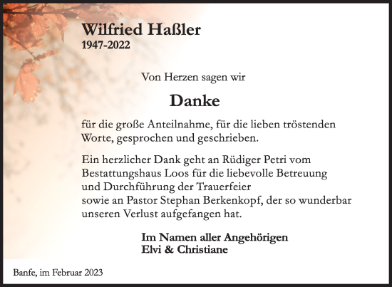 Traueranzeige von Wilfried Haßler von Siegener Zeitung