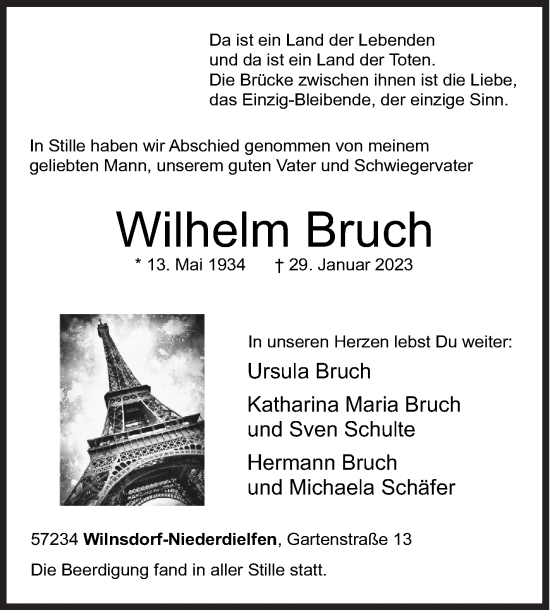 Traueranzeige von Wilhelm Bruch von Siegener Zeitung