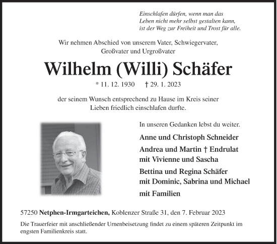 Traueranzeige von Wilhelm  Schäfer von Siegener Zeitung