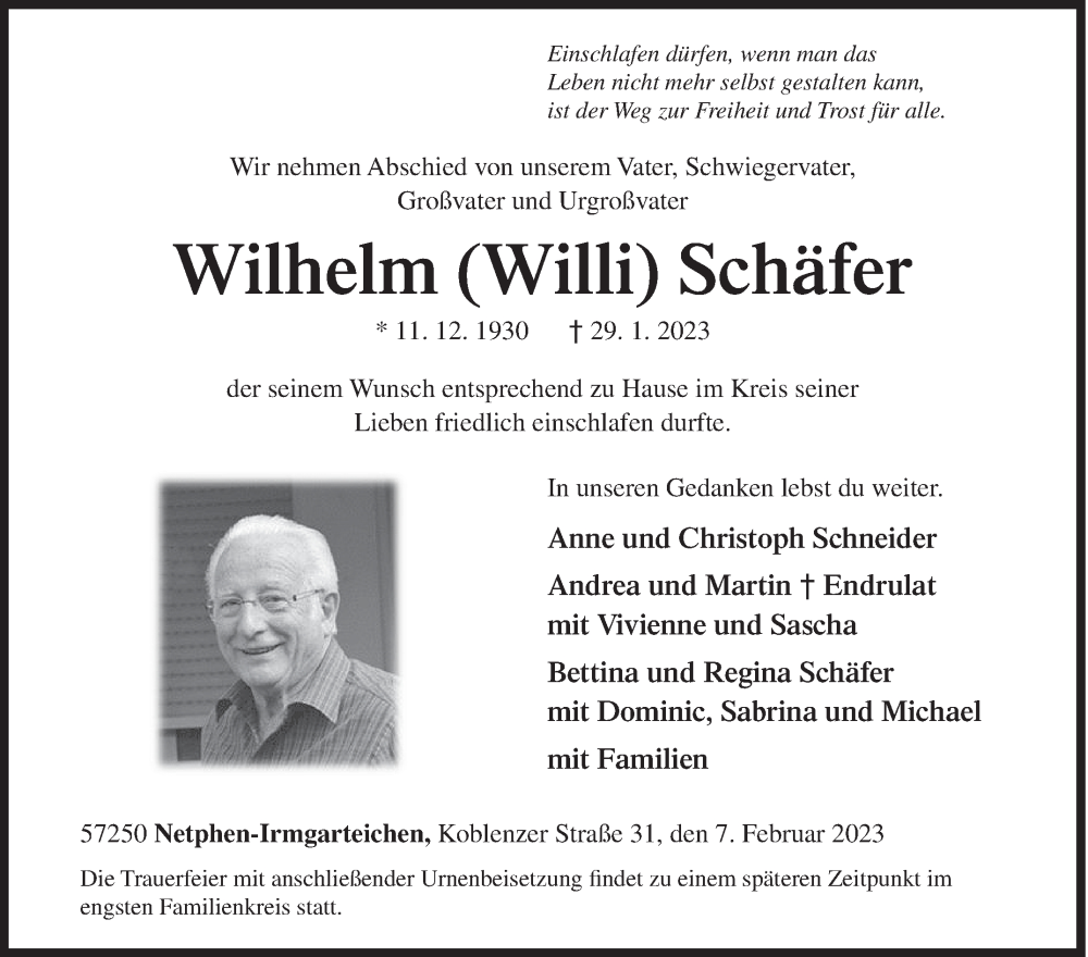  Traueranzeige für Wilhelm  Schäfer vom 07.02.2023 aus Siegener Zeitung