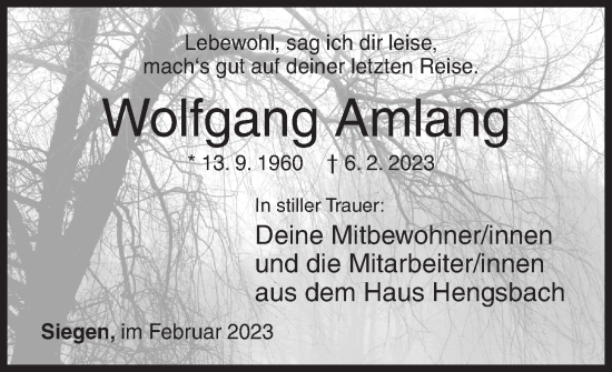 Traueranzeige von Wolfgang Amlang von Siegener Zeitung