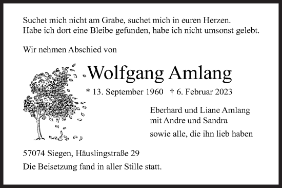 Traueranzeige von Wolfgang Amlang von Siegener Zeitung